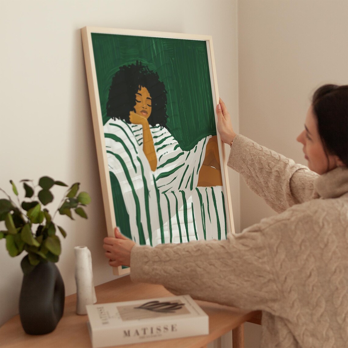 Woman Resting With Curly Hair Striped Minimalist Portrait Print - Image 3