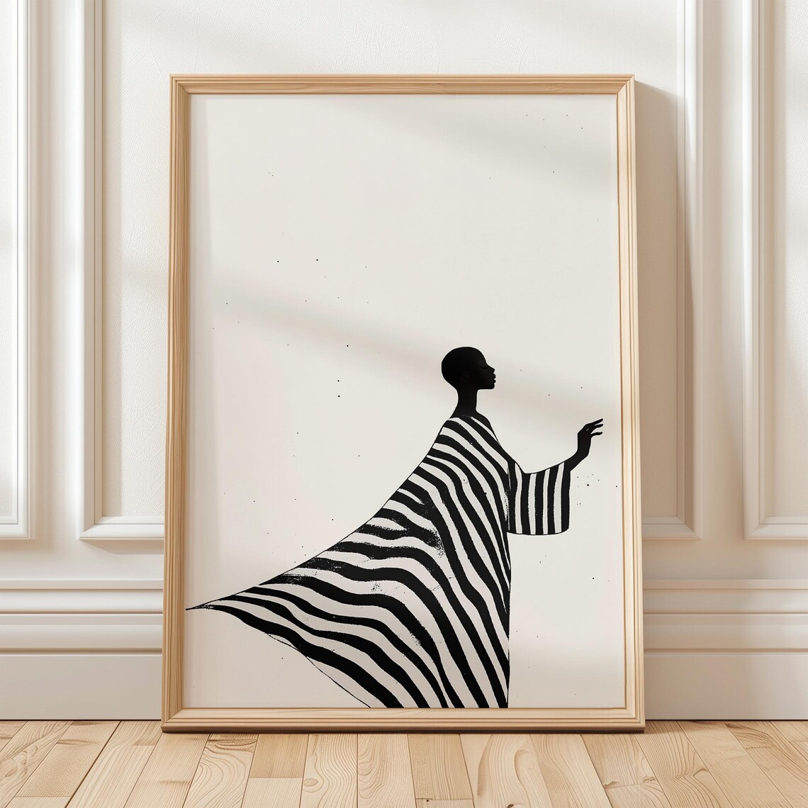 Woman in Profile with Flowing Striped Dress Minimalist Art Poster