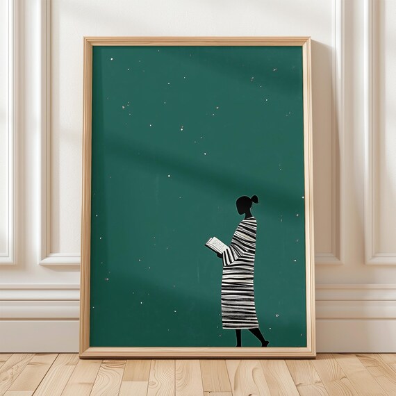 Silhouette Woman Reading Under Stars Emerald Green Minimalist Poster