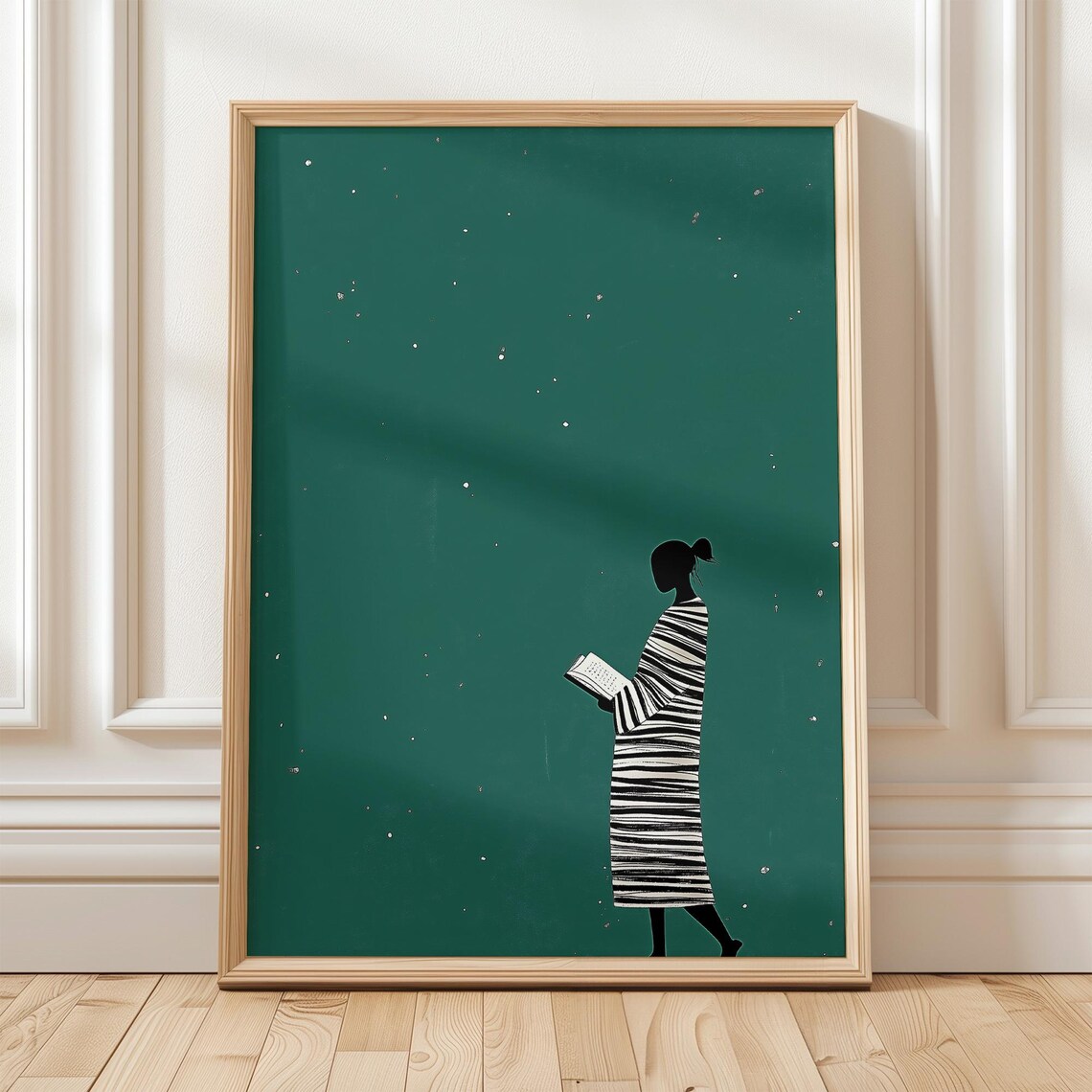 Silhouette Woman Reading Under Stars Emerald Green Minimalist Poster