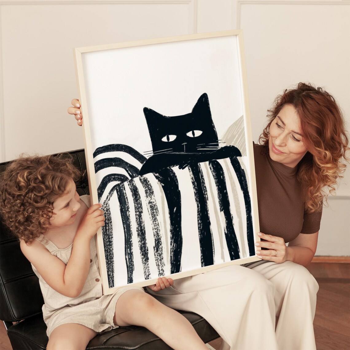 Curious Black Cat Peeking Over Striped Blanket Artwork Poster - Image 5