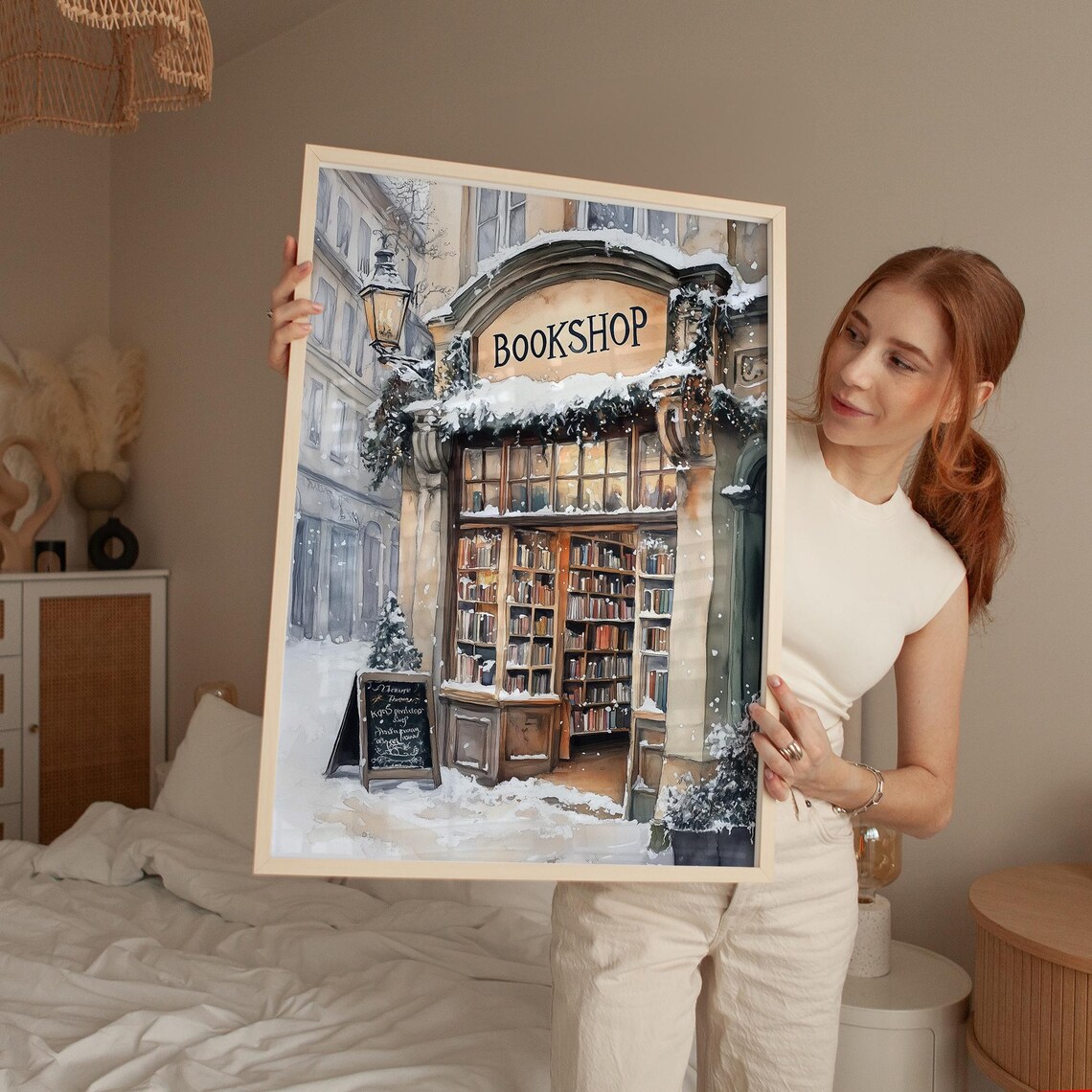 Snowy Winter Bookshop, Charming Holiday Scene - Image 3