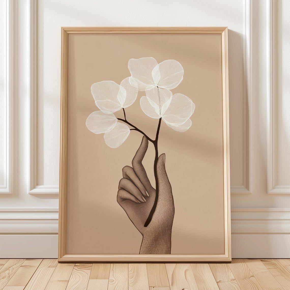 Minimalist Line Art Hand Holding Flower Botanical Print Neutral Wall Decor Modern Feminine Floral Poster Beige Boho Style