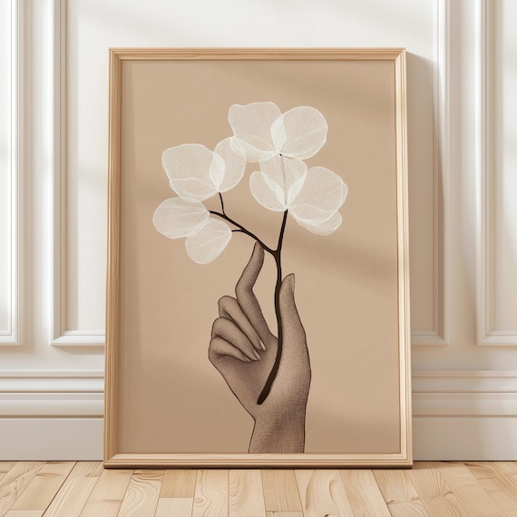 Minimalist Hand Holding Flower Branch Line Art Beige Botanical Poster