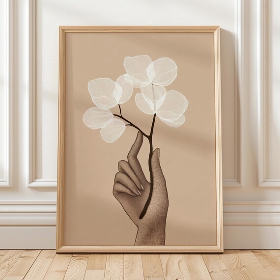 Minimalist Line Art Hand Holding Flower Botanical Print Neutral Wall Decor Modern Feminine Floral Poster Beige Boho Style
