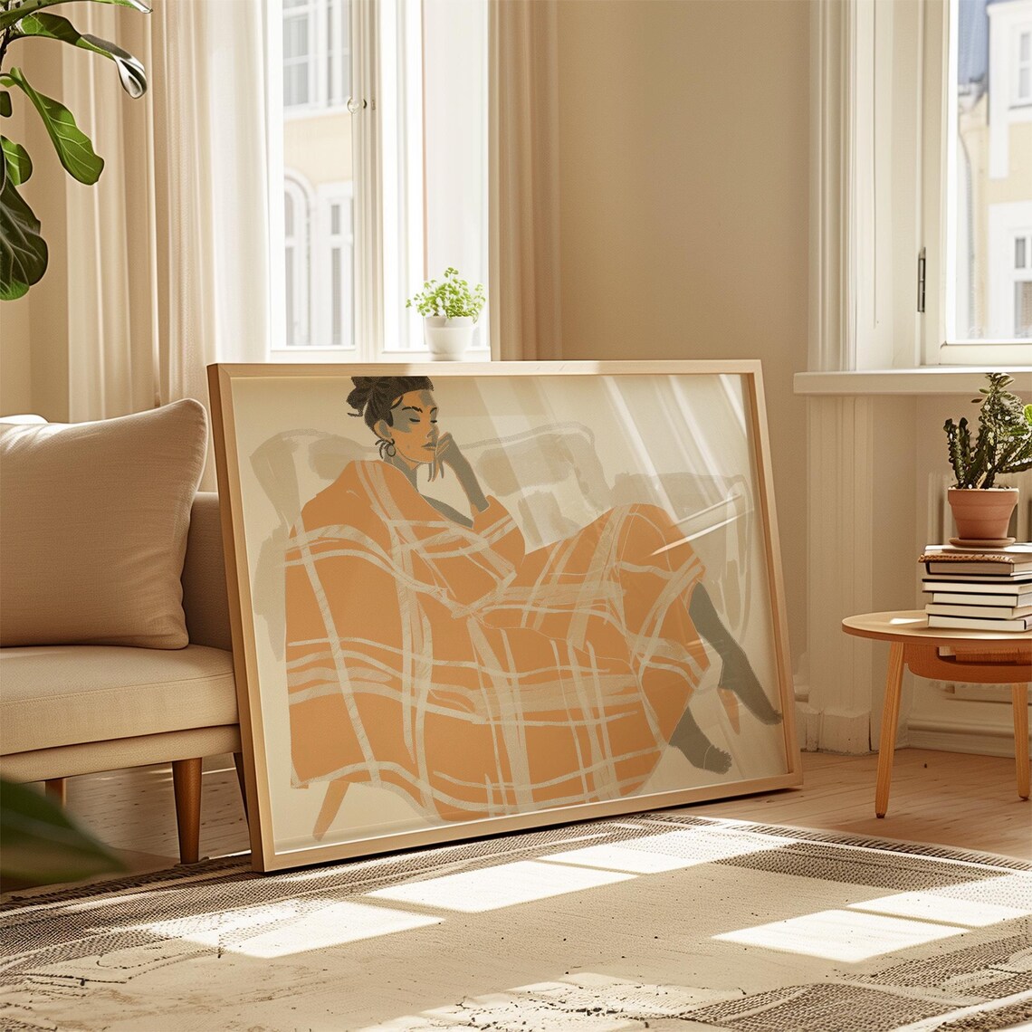 Thoughtful Woman Wrapped in Orange Plaid Blanket Pensive Lounge Poster - Image 3