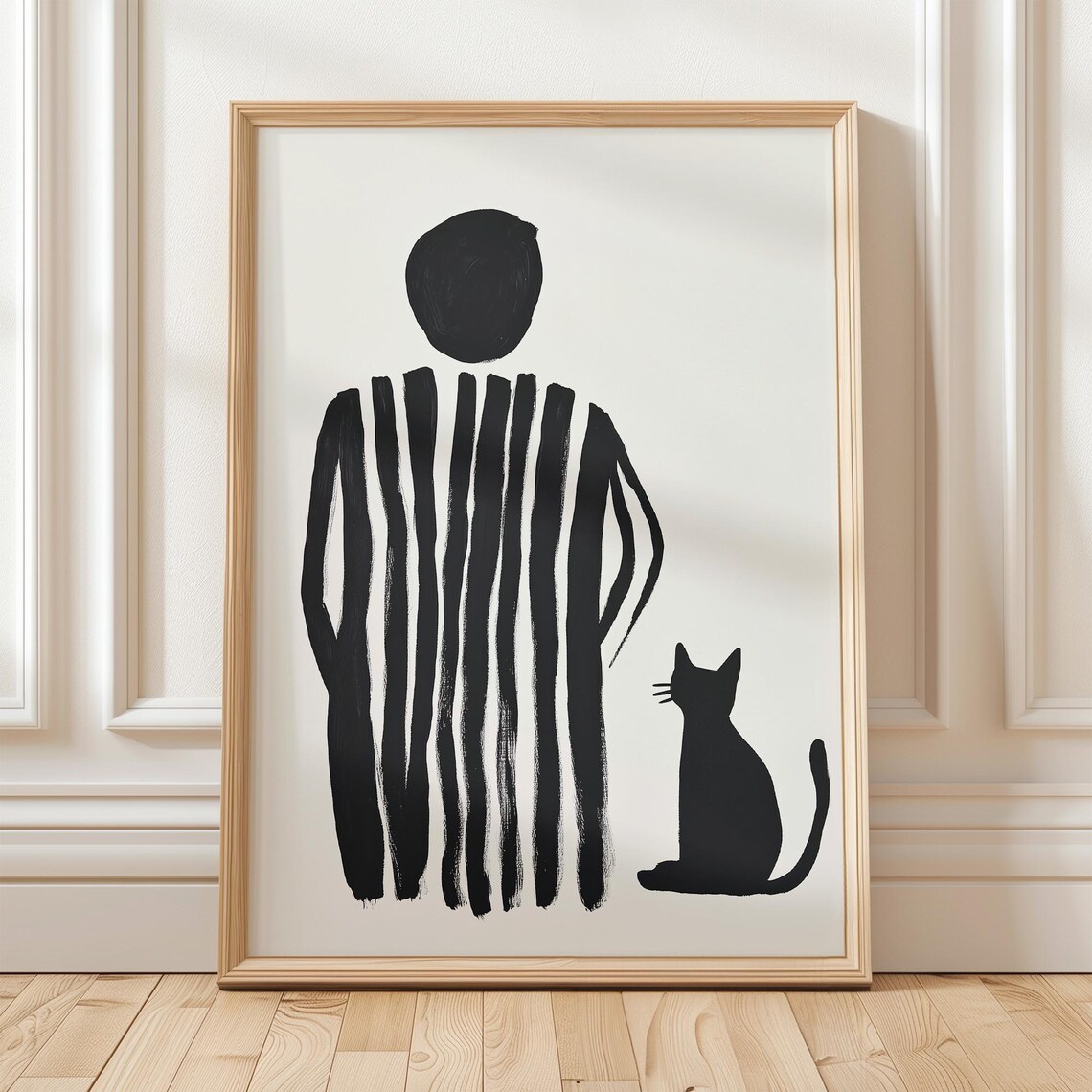 Woman and Small Cat Silhouette Minimalist Stripes Art Poster
