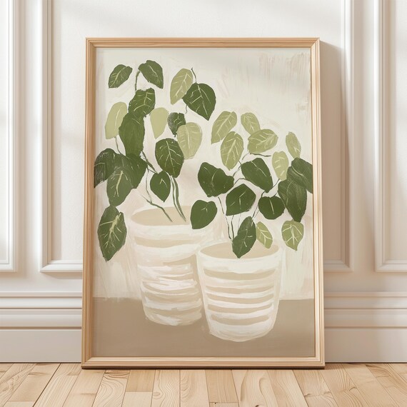 Two Potted Green Plants Beige Minimalist Botanical Decor Wall Art