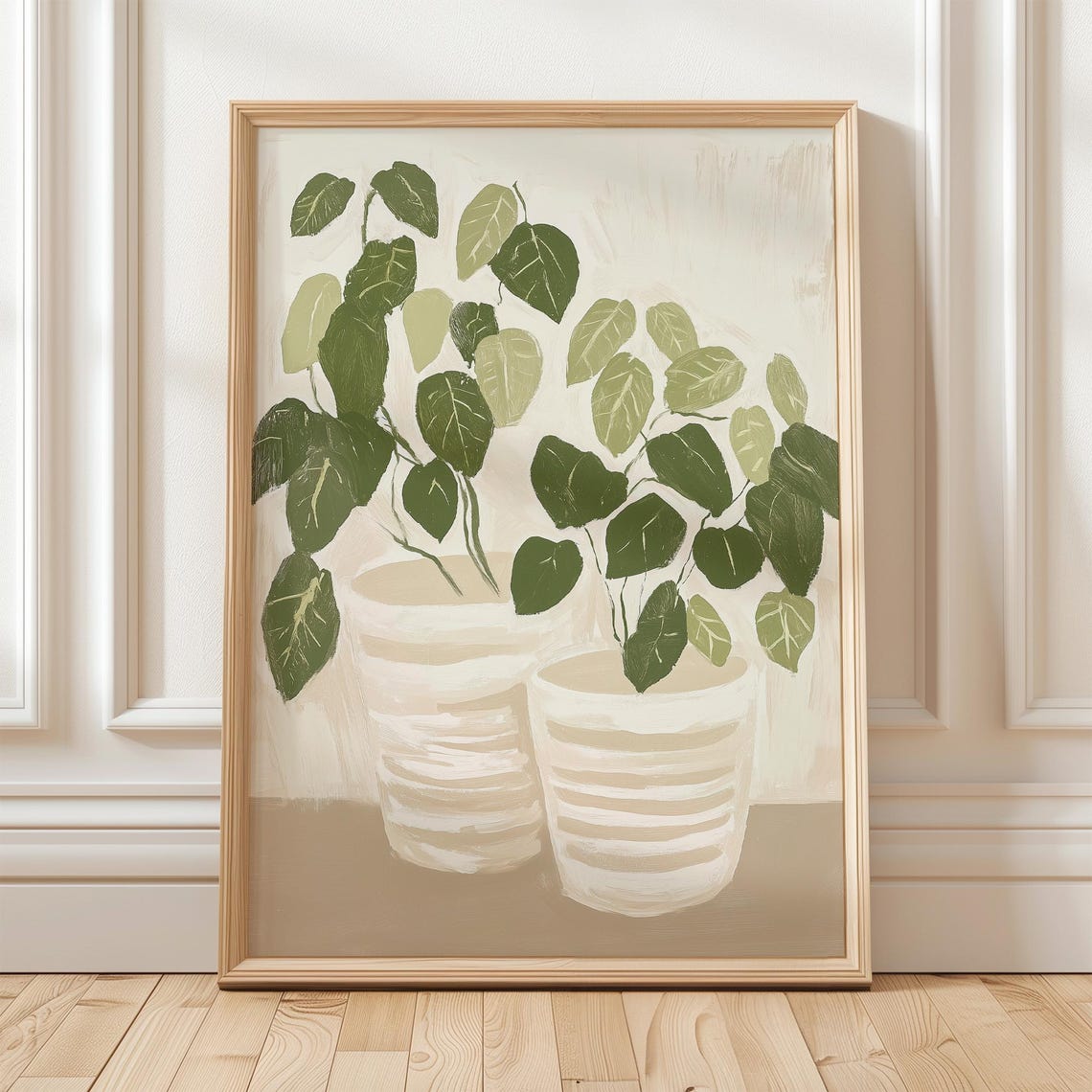 Green Plant Wall Art Potted Botanical Print Minimalist Leaf Illustration Modern Beige Decor Indoor Poster Neutral Artwork