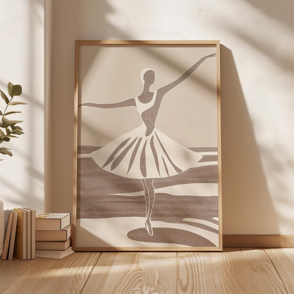 Abstract Beige Ballerina Line Art Poster with Spinning Dancer Motion