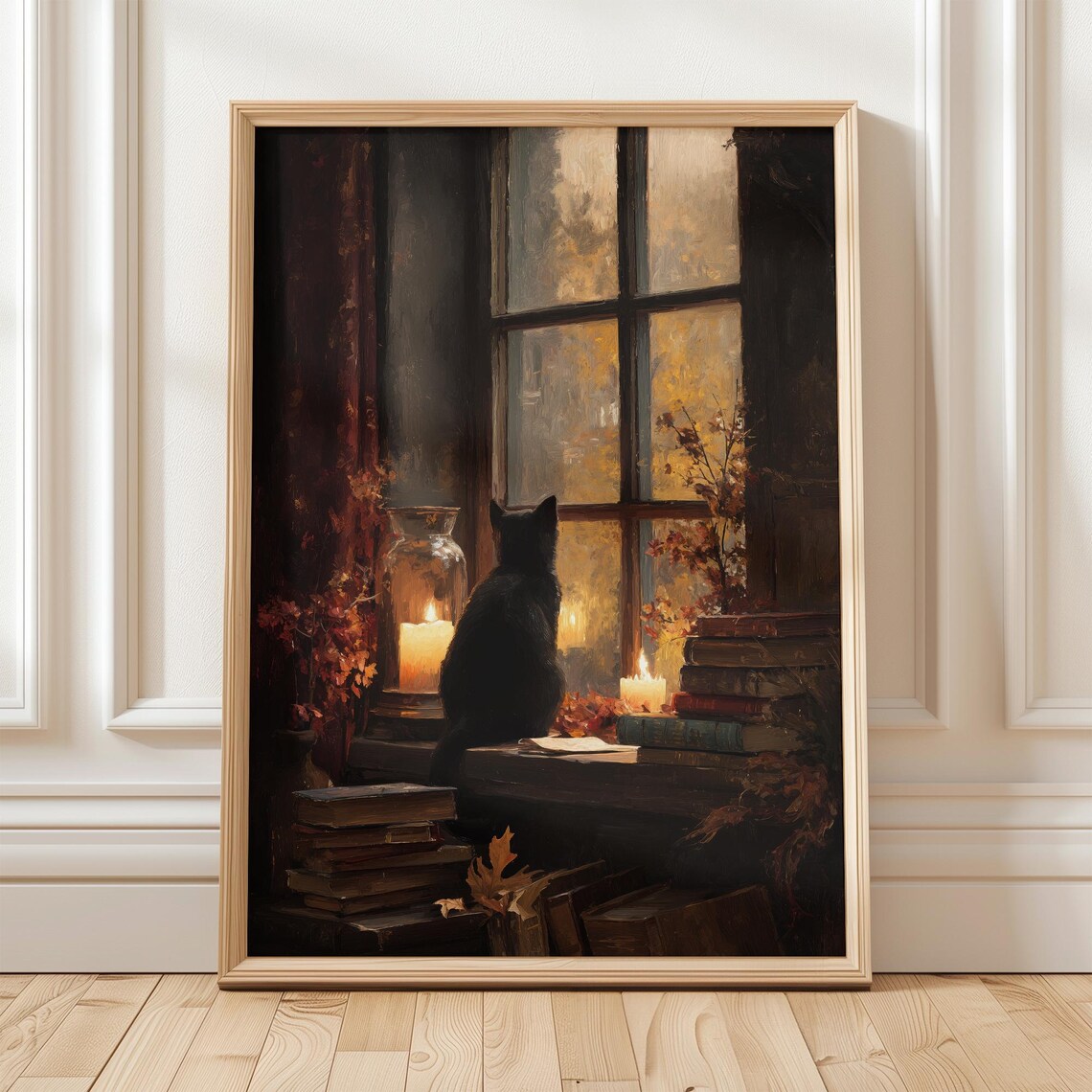 Cozy Autumn Cat Wall Art Print, Moody Fall Decor
