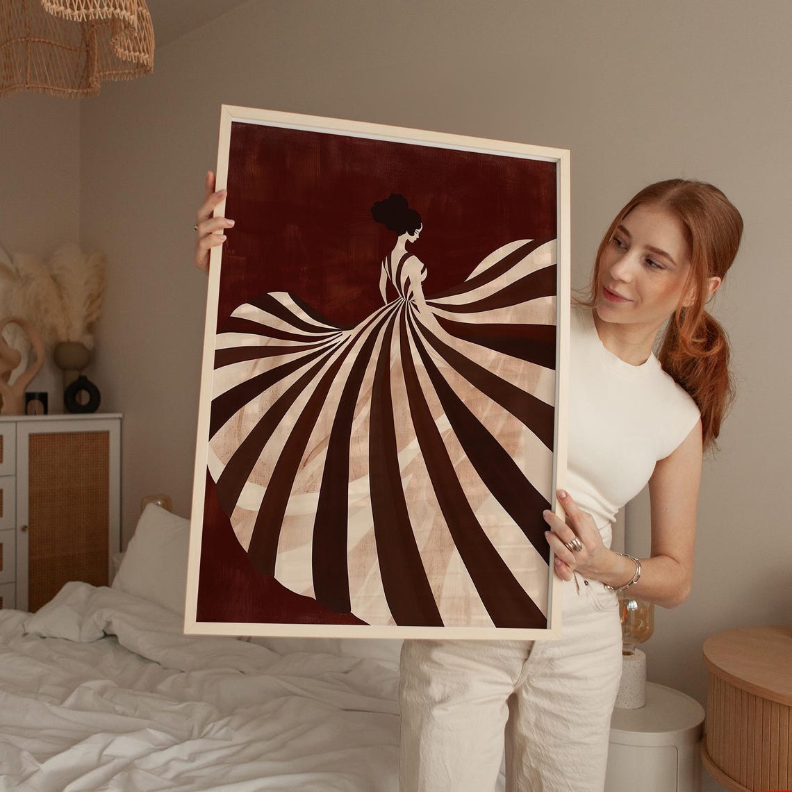 Elegant Striped Dress Artwork Brown And Beige Abstract Print Modern Minimalist Wall Art For Home Decor - Image 5