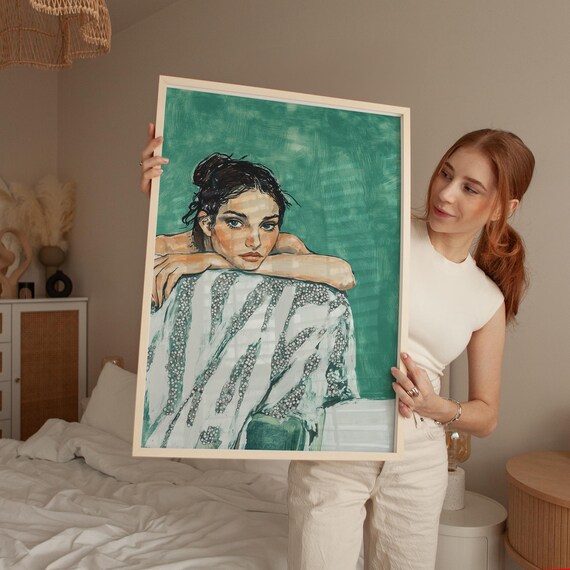 Contemplative Woman Portrait Green And Glitter Modern Art Poster