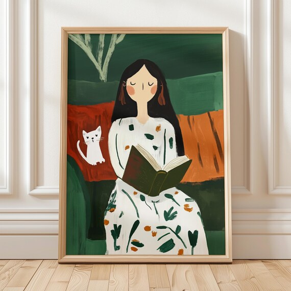 Reading Woman with White Cat Cozy Book Lover Minimalist Art Poster