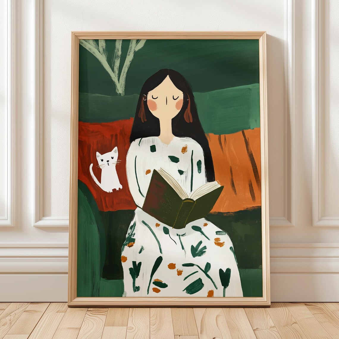 Reading Woman with White Cat Cozy Book Lover Minimalist Art Poster