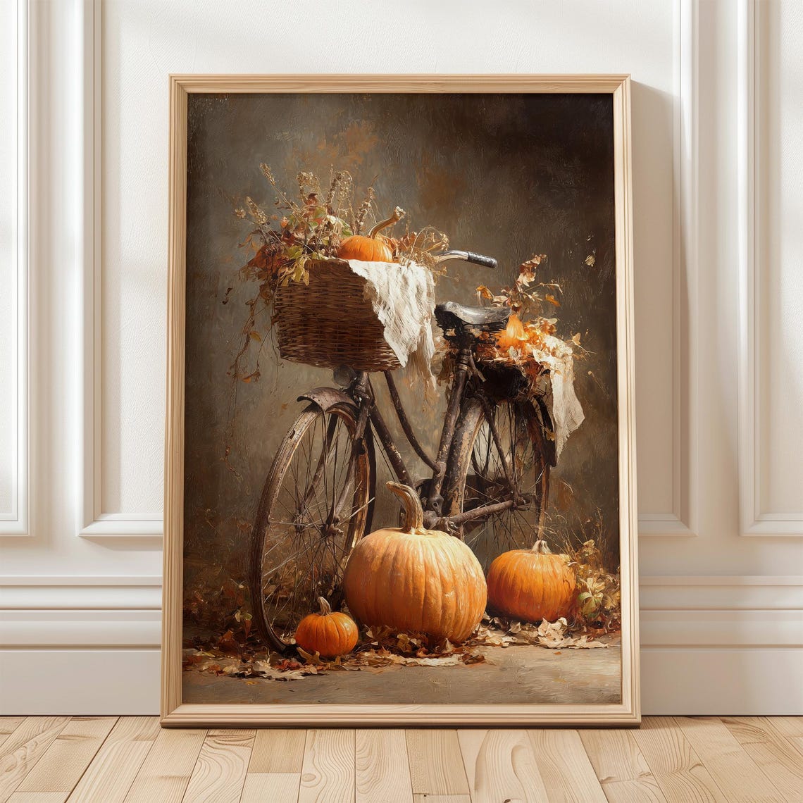 Vintage Bicycle Fall Wall Art Print Rustic Autumn Pumpkins And Basket Decor Cozy Thanksgiving Poster