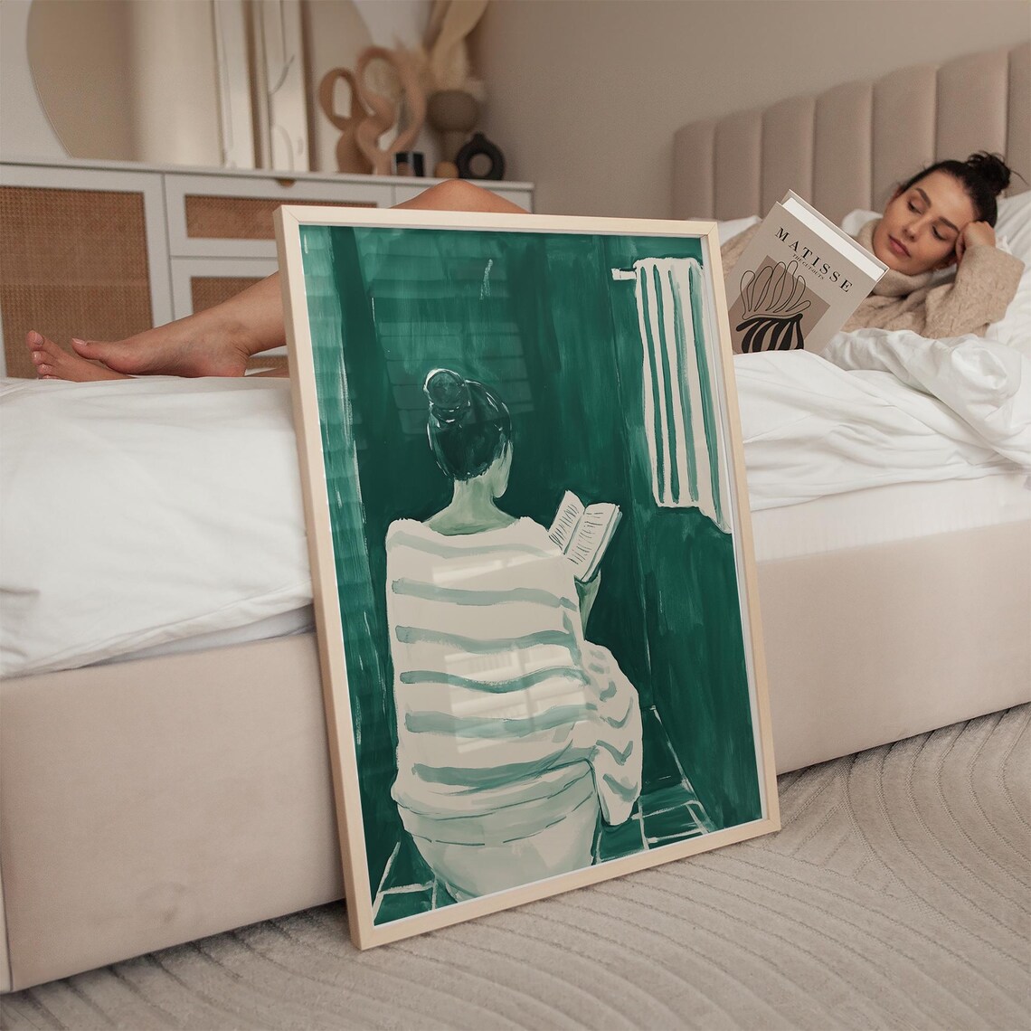 Back View Woman Reading, Minimalist Bathroom Decor - Image 2