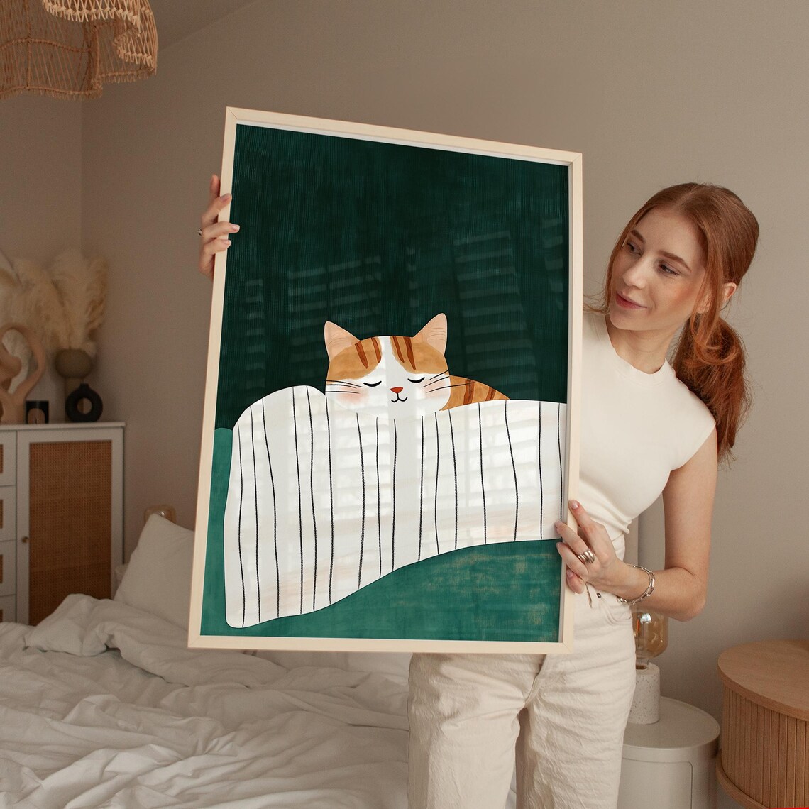 Cute Orange Tabby Cat Napping Under Striped Blanket Art Poster - Image 3