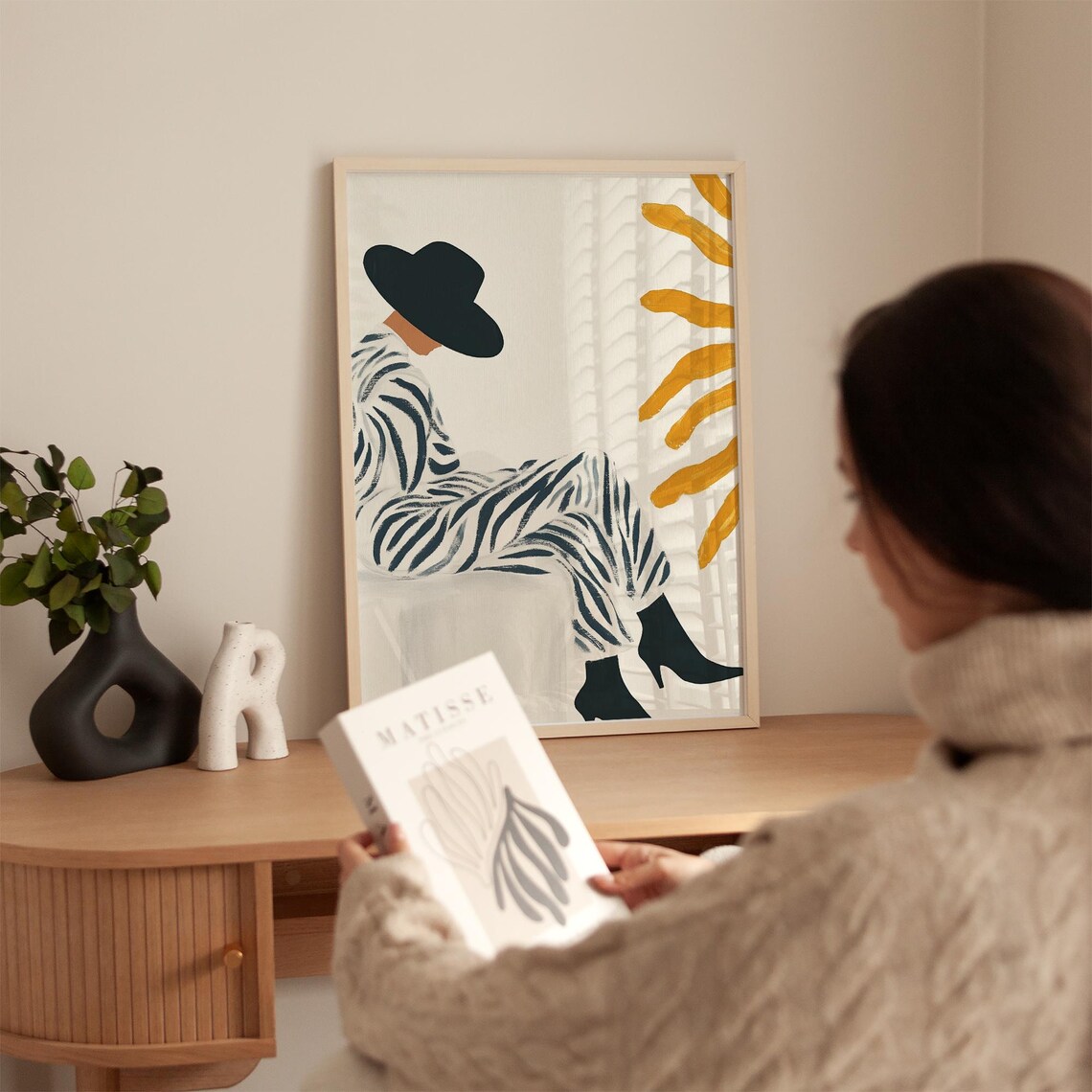 Zebra Jumpsuit Woman with Hat and Golden Sun Modern Abstract Poster - Image 5