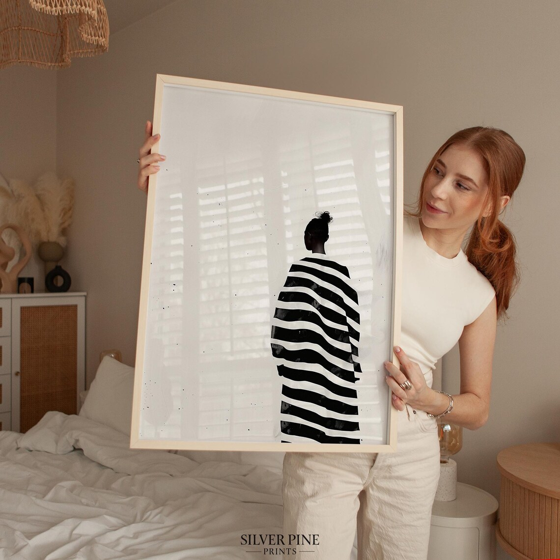 Woman from Behind in Black White Striped Dress Minimalist Poster - Image 5