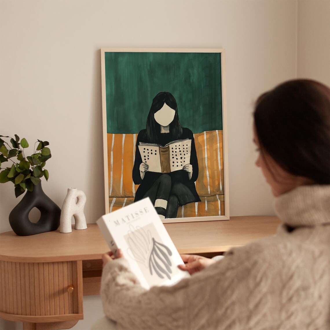 Faceless Woman Reading On Orange Striped Couch Green Art Poster - Image 5