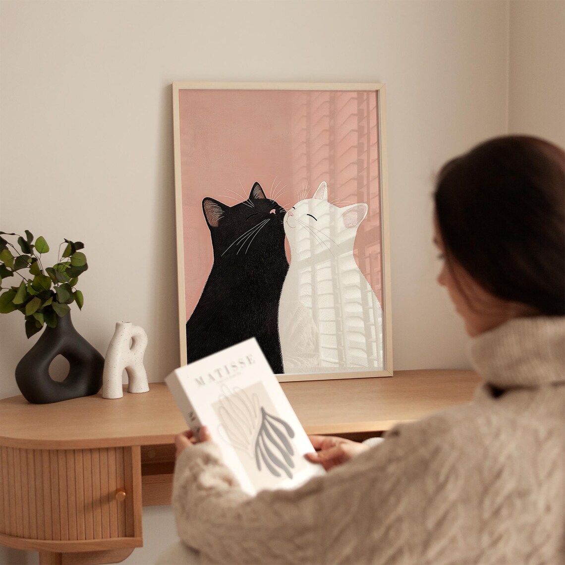 Black and White Cat Couple Nuzzling on Soft Pink Romantic Poster - Image 5