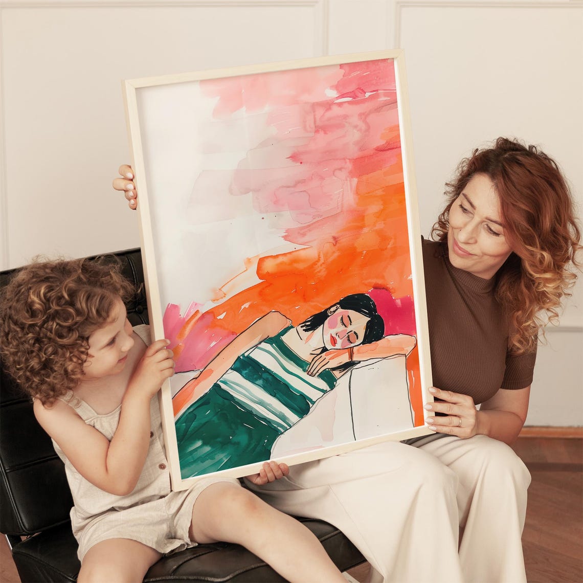 Sleeping Woman Watercolor Fashion Illustration Pink Orange Wall Art Green Striped Dress Calm Pose Colorful Bedroom Girl Poster - Image 5