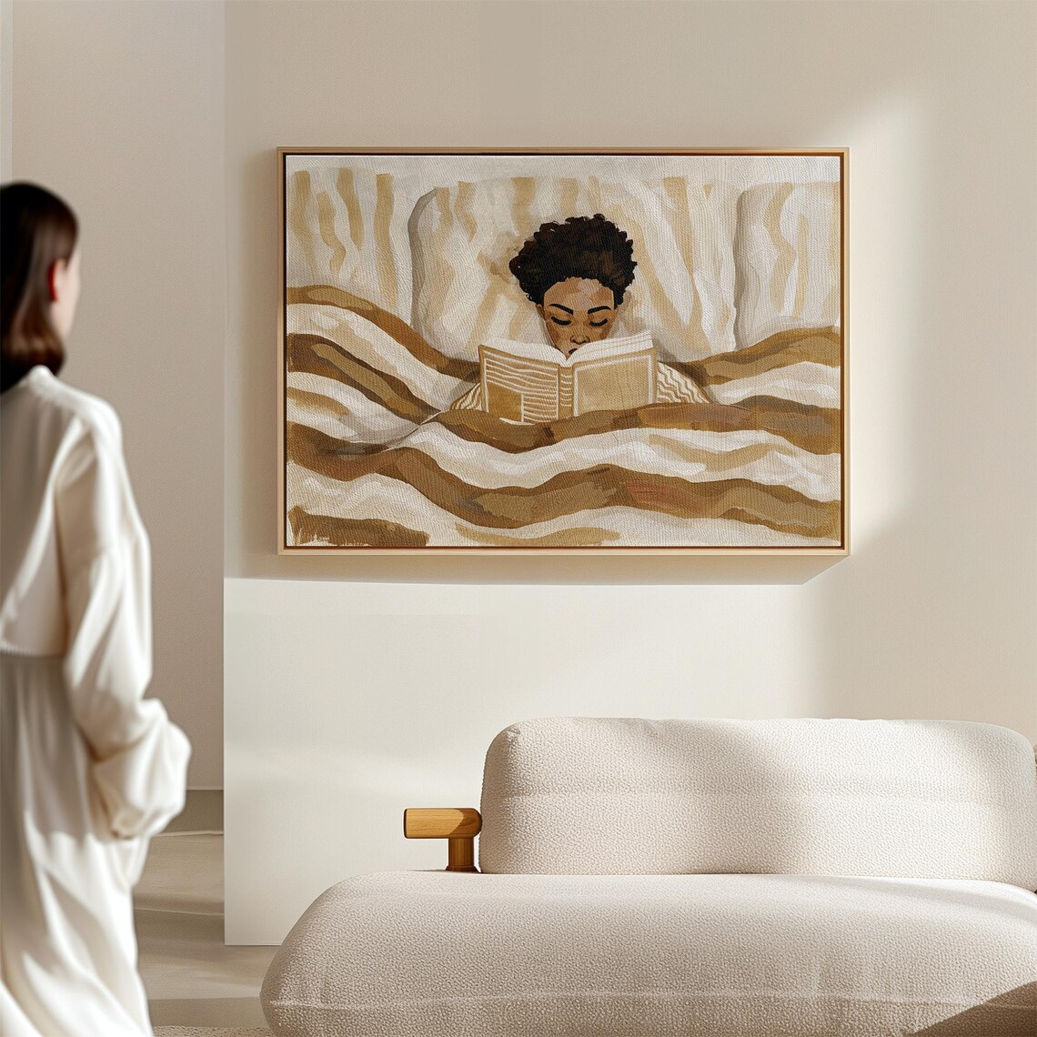 Cozy Woman Reading in Bed in Warm Beige Neutral Tones Wall Art - Image 2