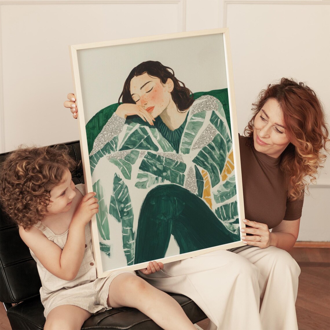 Woman In Leaf Pattern Coat Resting Modern Glitter Art Poster - Image 4