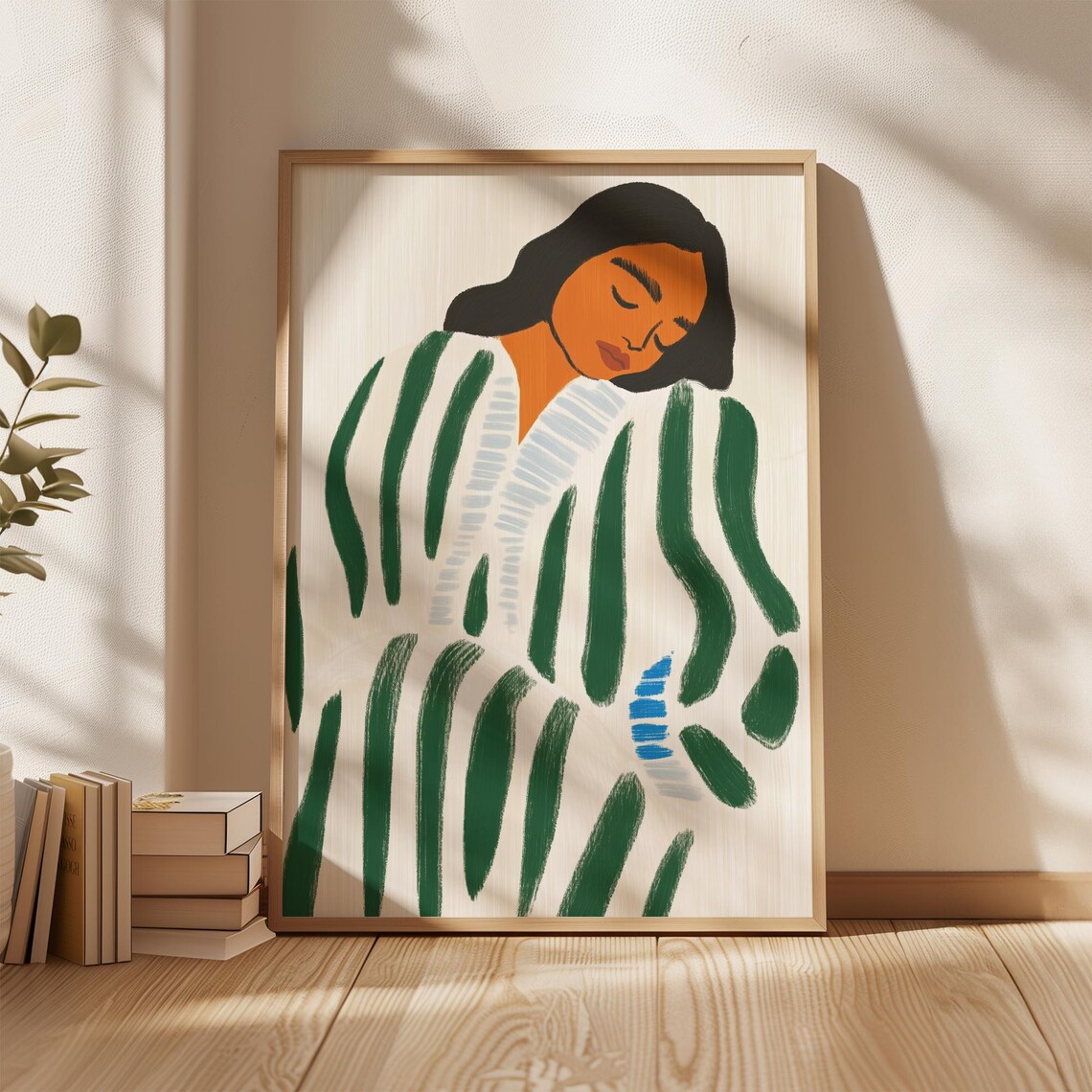 Restful Woman in Green Striped Robe Modern Minimalist Bedroom Poster - Image 4