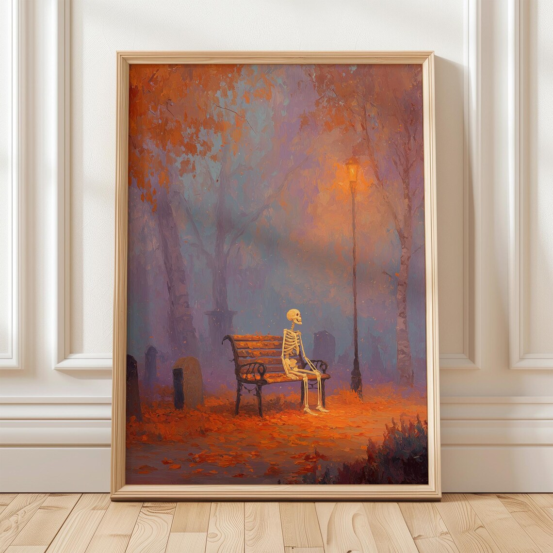 Skeleton Sitting On Park Bench Halloween Wall Art Spooky Autumn Night Graveyard Scene Painting For Gothic Home Decor Print
