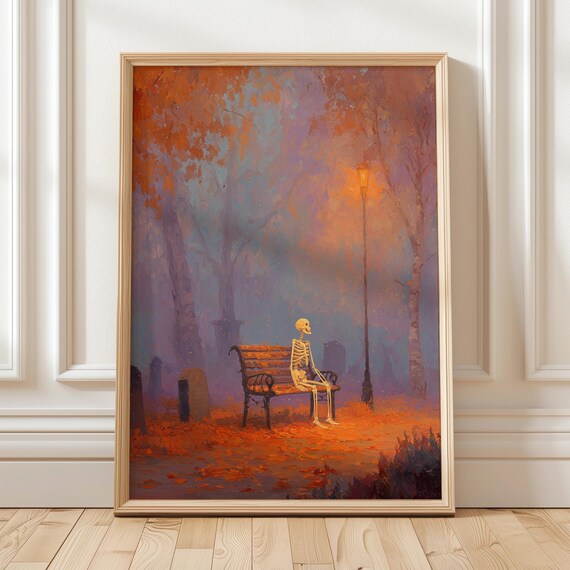 Skeleton Sitting On Park Bench Halloween Wall Art Spooky Autumn Night Graveyard Scene Painting For Gothic Home Decor Print