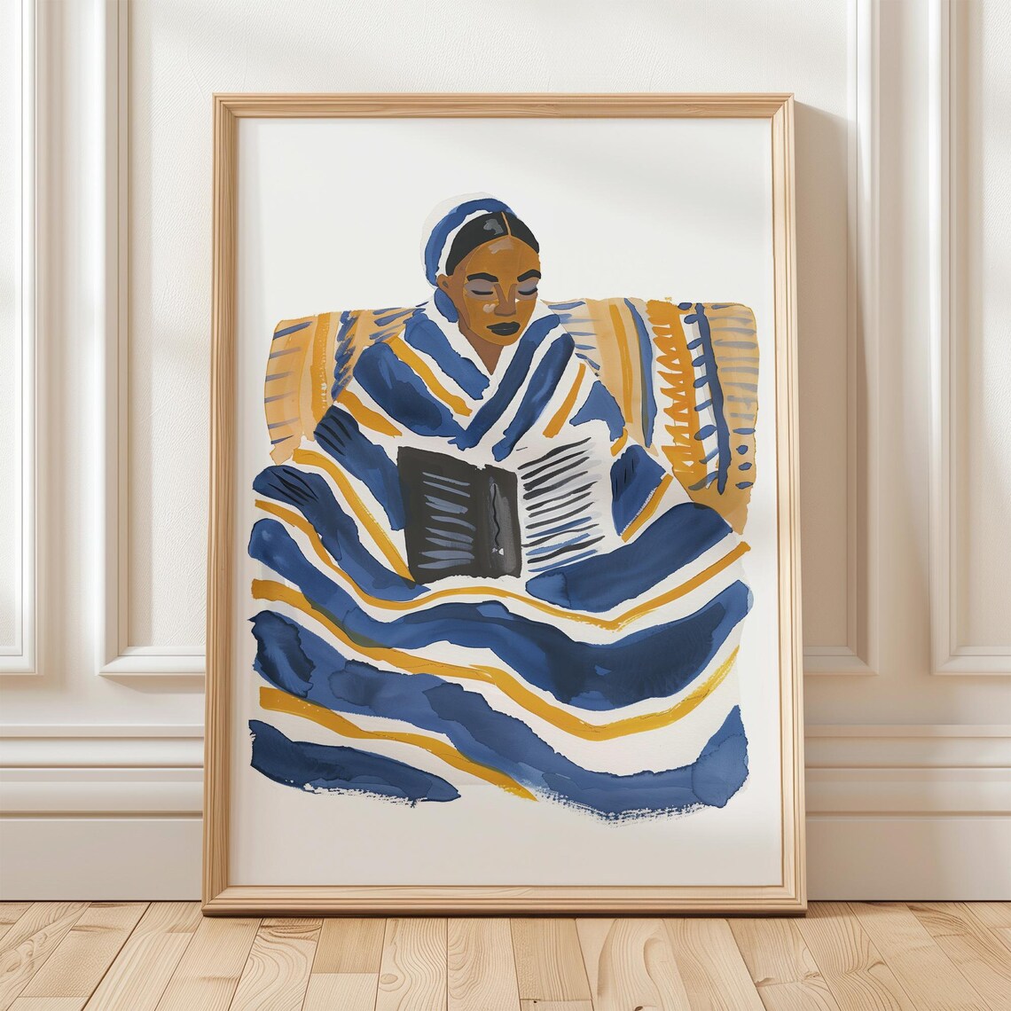 Woman Reading Under Blue and Gold Striped Blanket Watercolor Poster - Image 2