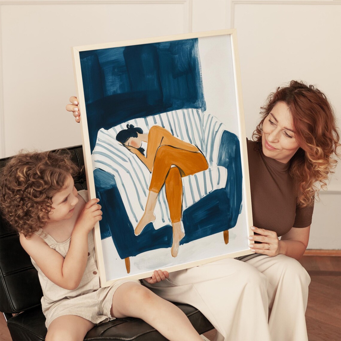 Resting Woman on Navy Striped Couch Warm Minimalist Art Poster - Image 4