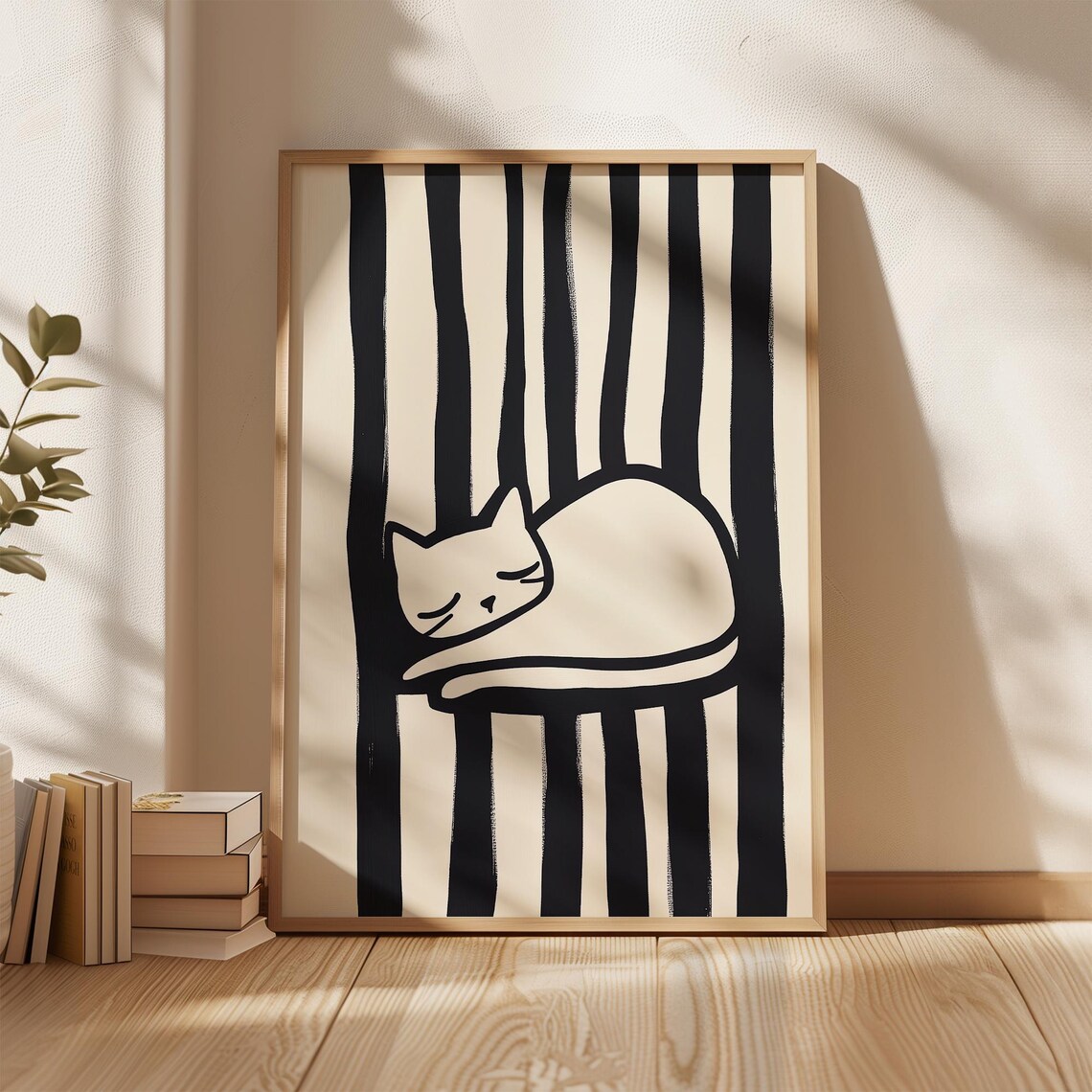 White Cat Sleeping on Black Striped Chair Graphic Monochrome Poster - Image 5