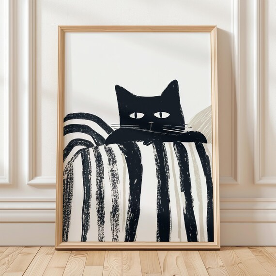Curious Black Cat Peeking Over Striped Blanket Artwork Poster