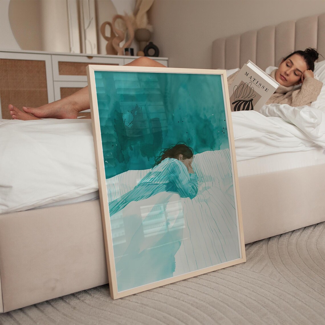 Woman Asleep on Teal Watercolor Bed Soft Dreamy Bedroom Poster - Image 2