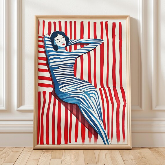 Woman in Blue Striped Dress Reclining Against Red Stripes Poster