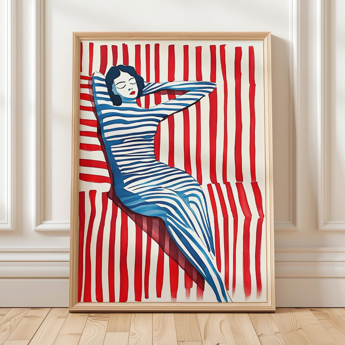 Woman in Blue Striped Dress Reclining Against Red Stripes Poster