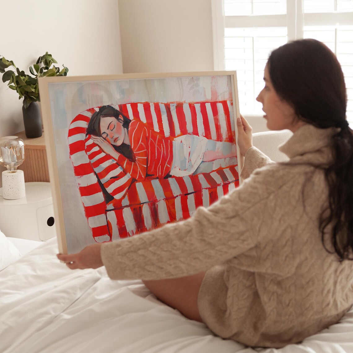 Woman Sleeping on Red Striped Couch Painterly Cozy Bedroom Poster - Image 4