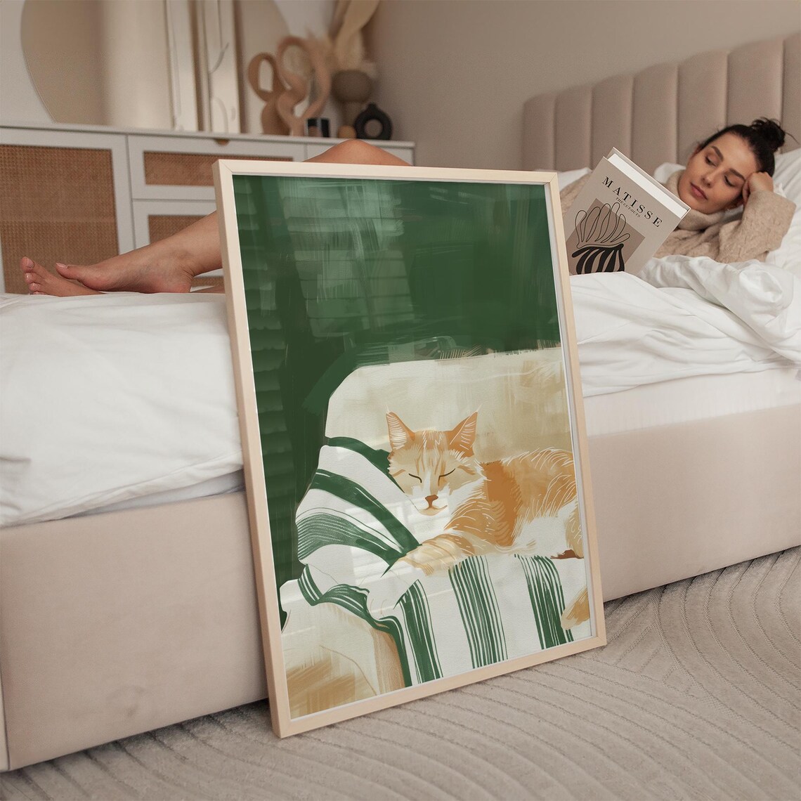 Orange Tabby Cat Sleeping On Striped Pillow Green Art Poster - Image 2