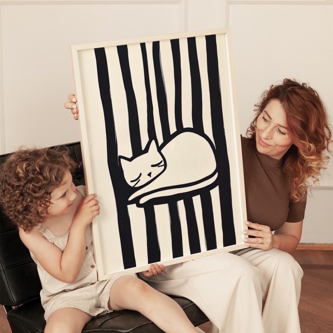 White Cat Sleeping on Black Striped Chair Graphic Monochrome Poster - Image 4