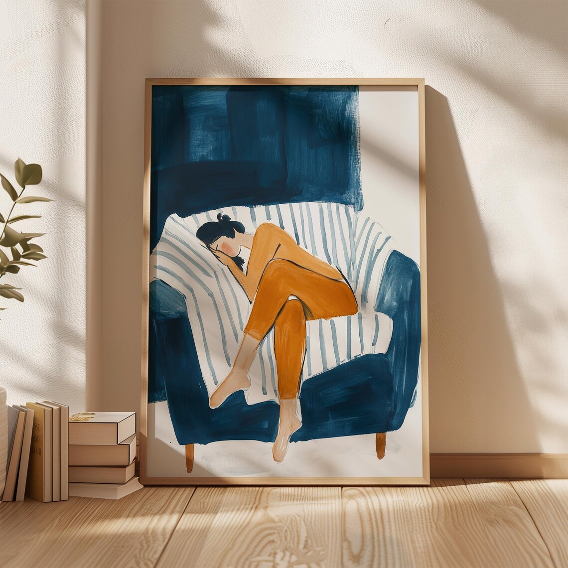 Resting Woman on Navy Striped Couch Warm Minimalist Art Poster - Image 2