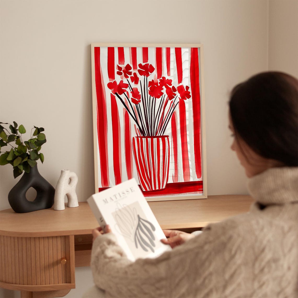 Red Striped Flower Vase Art Minimalist Wall Print Modern Floral Abstract Poster Bold Red Artwork Contemporary Home Decor - Image 3