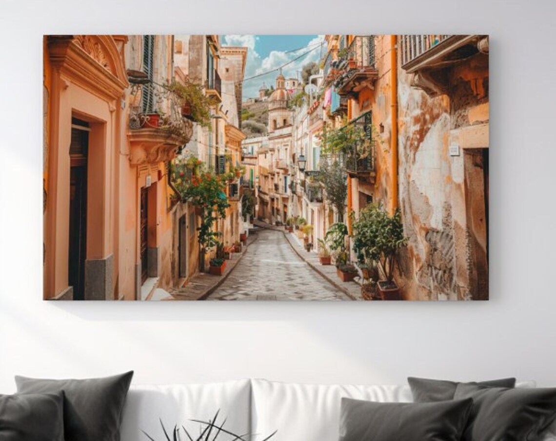 Sicily Italy Charming Old Town Street Balconies Historic Travel Poster
