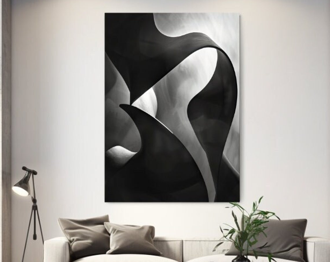 Dramatic Black and Gray Flowing Curves Minimalist Abstract Wall Art