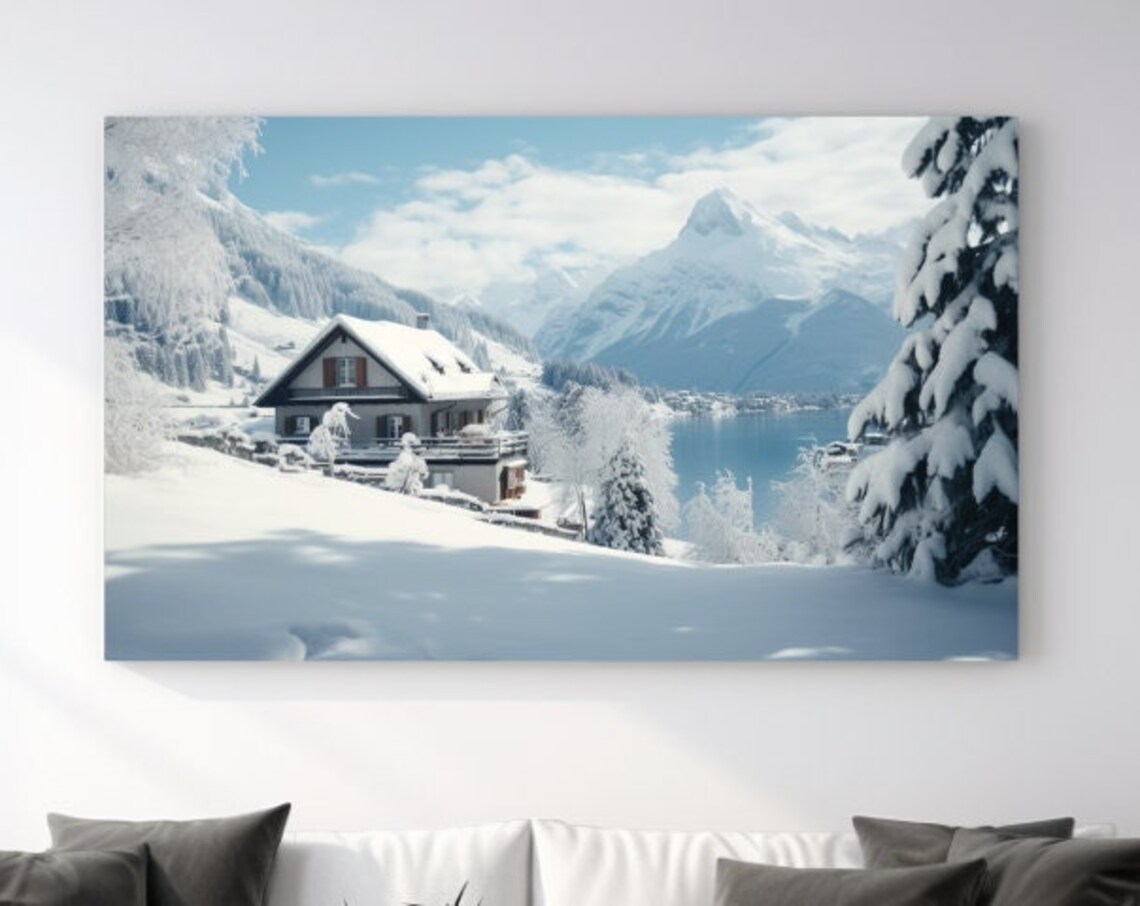 Sunny Winter Alpine Chalet with Snowy Peaks and Lake View Poster