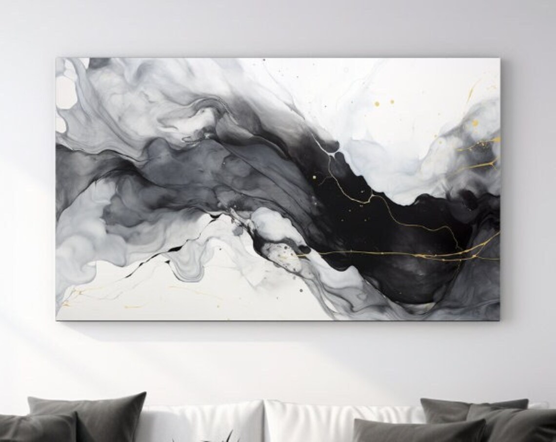 Black White and Gold Marble Abstract Ink Swirl Luxury Wall Art