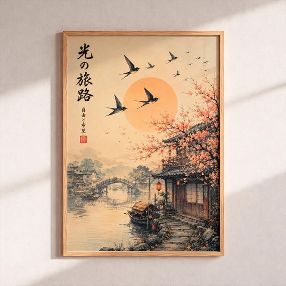 Japanese Swallow Poster Vintage Ukiyoe Wall Art Cherry Blossom Painting Asian Landscape Print Retro Oriental Home Decor
