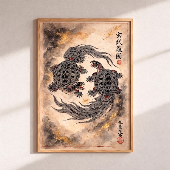 Genbu Black Tortoise Poster Japanese Mythology Wall Art Xuanwu Turtle Snake Print Feng Shui Zen Decor Spiritual Longevity Gift Ukiyoe